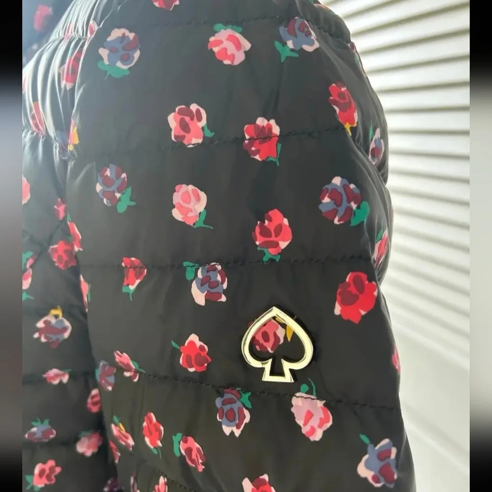 Kate Spade Black Floral Puffer Jacket Coat Size XS EUC